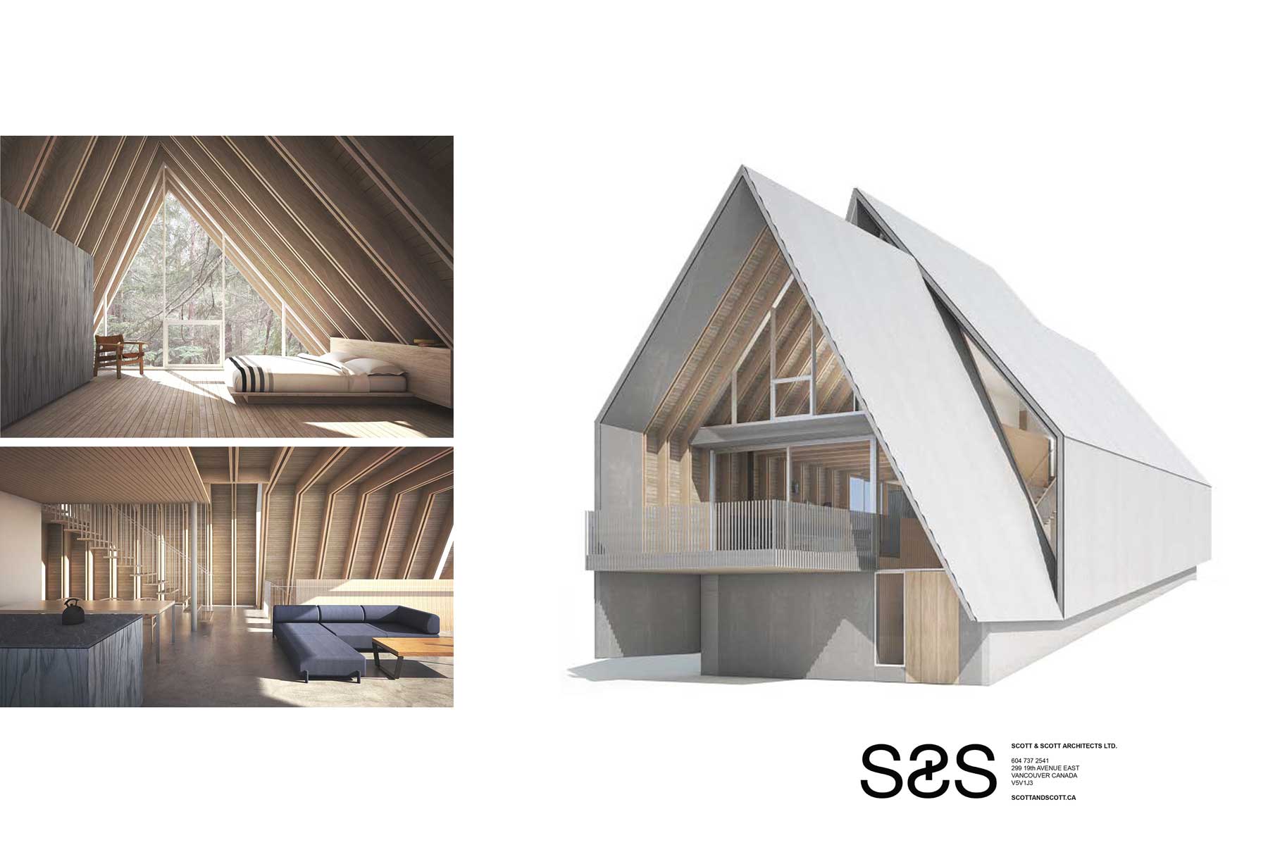 Interior and exterior architectural renderings of cabin